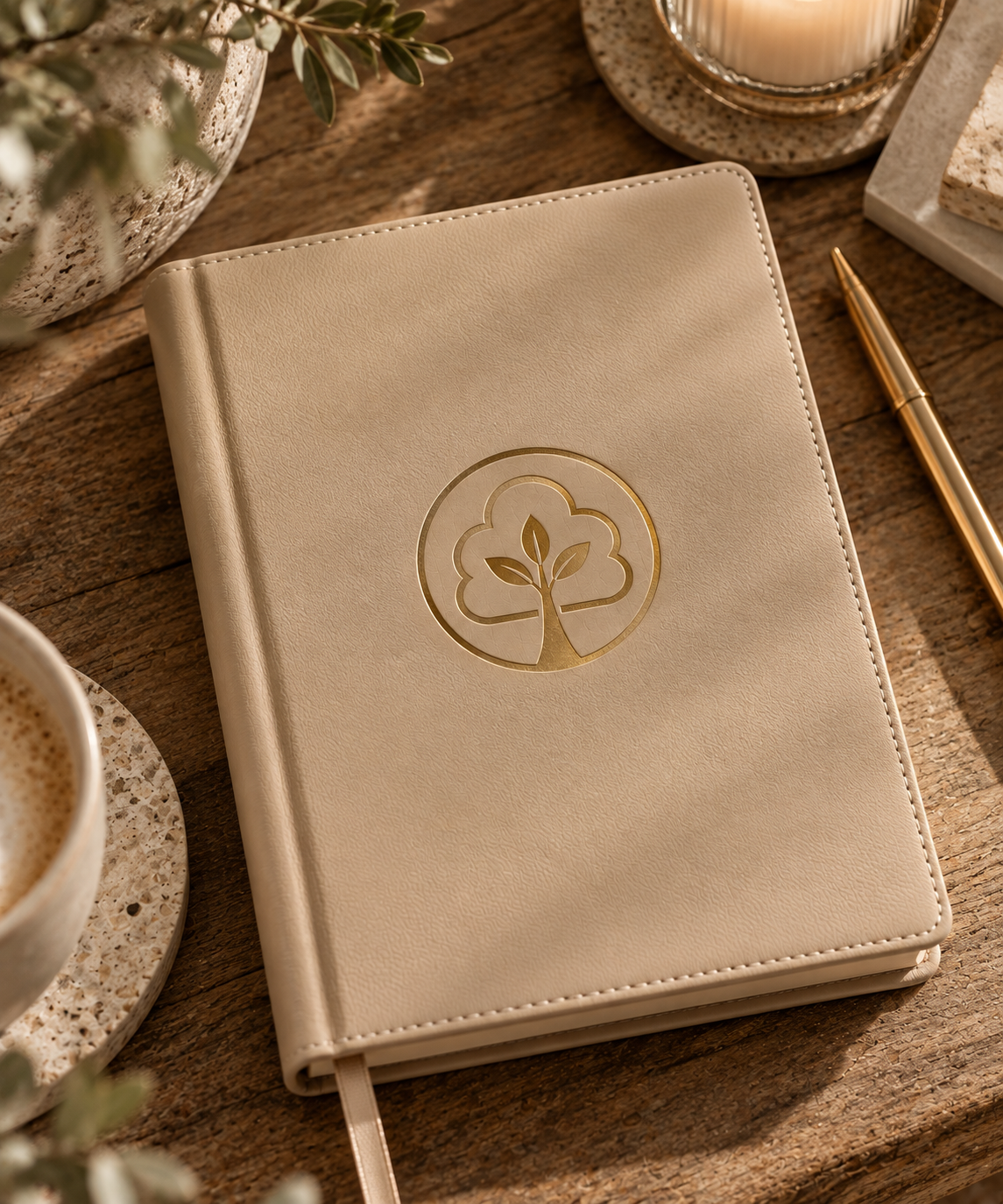 A Bodhi notebook embossed with the Bodhi tree emblem